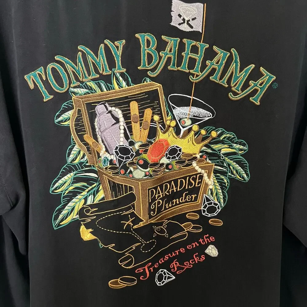 Tommy Bahama Silk Paradise Plunder Black Camp Shirt Pirate Embroidered Coastal